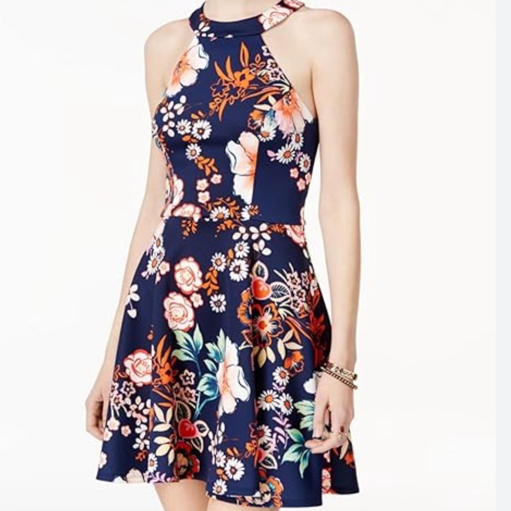 B Darlin Navy Blue/Floral Halter Top Dress